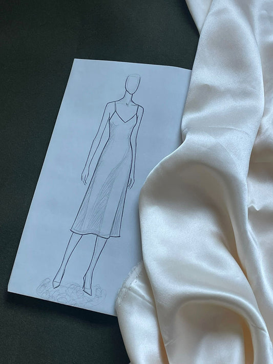 Custom piece design of a silk slip dress.